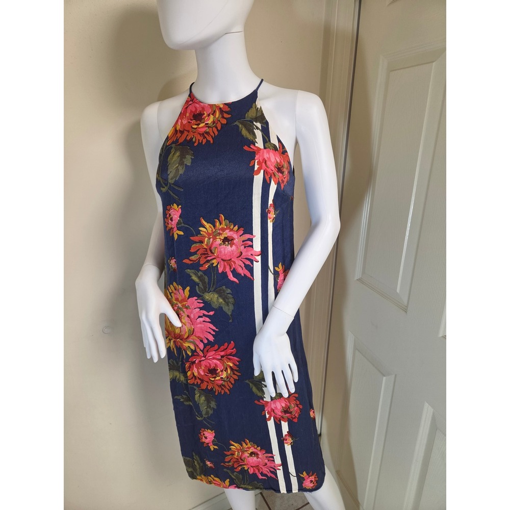 Zara Trafaluc Navy Floral Halter Midi Dress Pink Orange Stripes XS